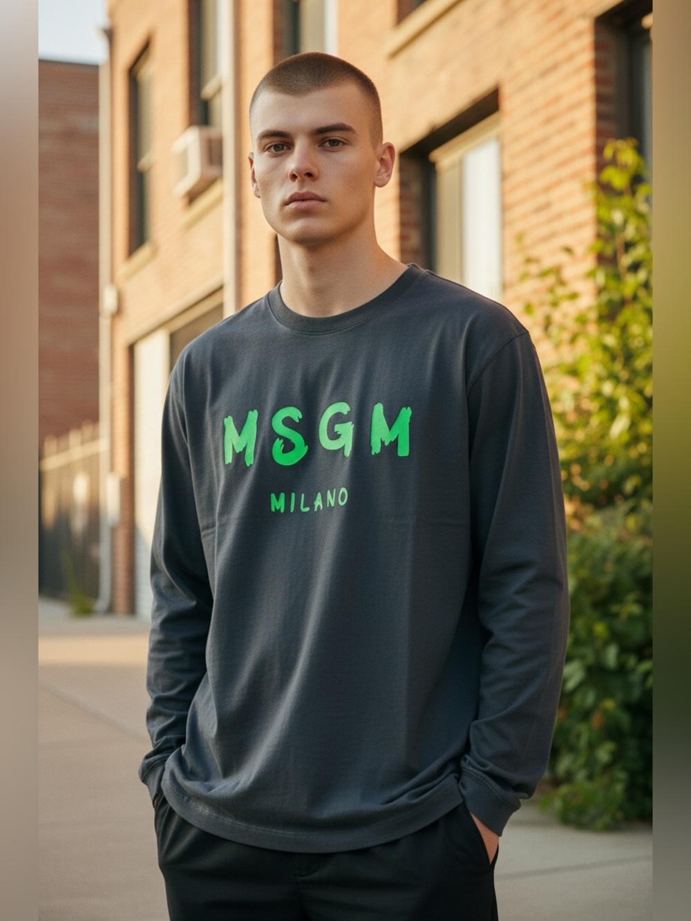 MSGM Black Long Sleeve Tee with Neon Green Logo